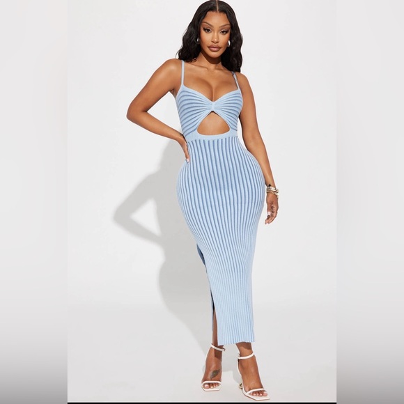 NWT - Fashion Nova Light Blue Ribbed Knit Cutout Midi Dress - Picture 6 of 8